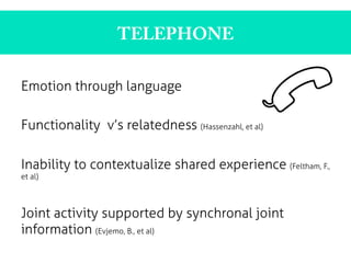 TELEPHONE
Emotion through language
Functionality v’s relatedness (Hassenzahl, et al)
Inability to contextualize shared experience (Feltham, F.,
et al)
Joint activity supported by synchronal joint
information (Evjemo, B., et al)
 