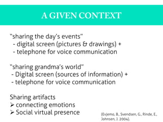 A GIVEN CONTEXT
	
  
“sharing the day’s events”
- digital screen (pictures & drawings) +
- telephone for voice communication
“sharing grandma’s world”
- Digital screen (sources of information) +
- telephone for voice communication
Sharing artifacts
Ø connecting emotions
Ø Social virtual presence (Evjemo, B., Svendsen, G., Rinde, E.,
Johnsen, J. 2004).
 