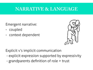 NARRATIVE & LANGUAGE
Emergent narrative:
-  coupled
-  context dependent
Explicit v’s implicit communication
- explicit expression supported by expressivity
- grandparents deﬁnition of role > trust
 