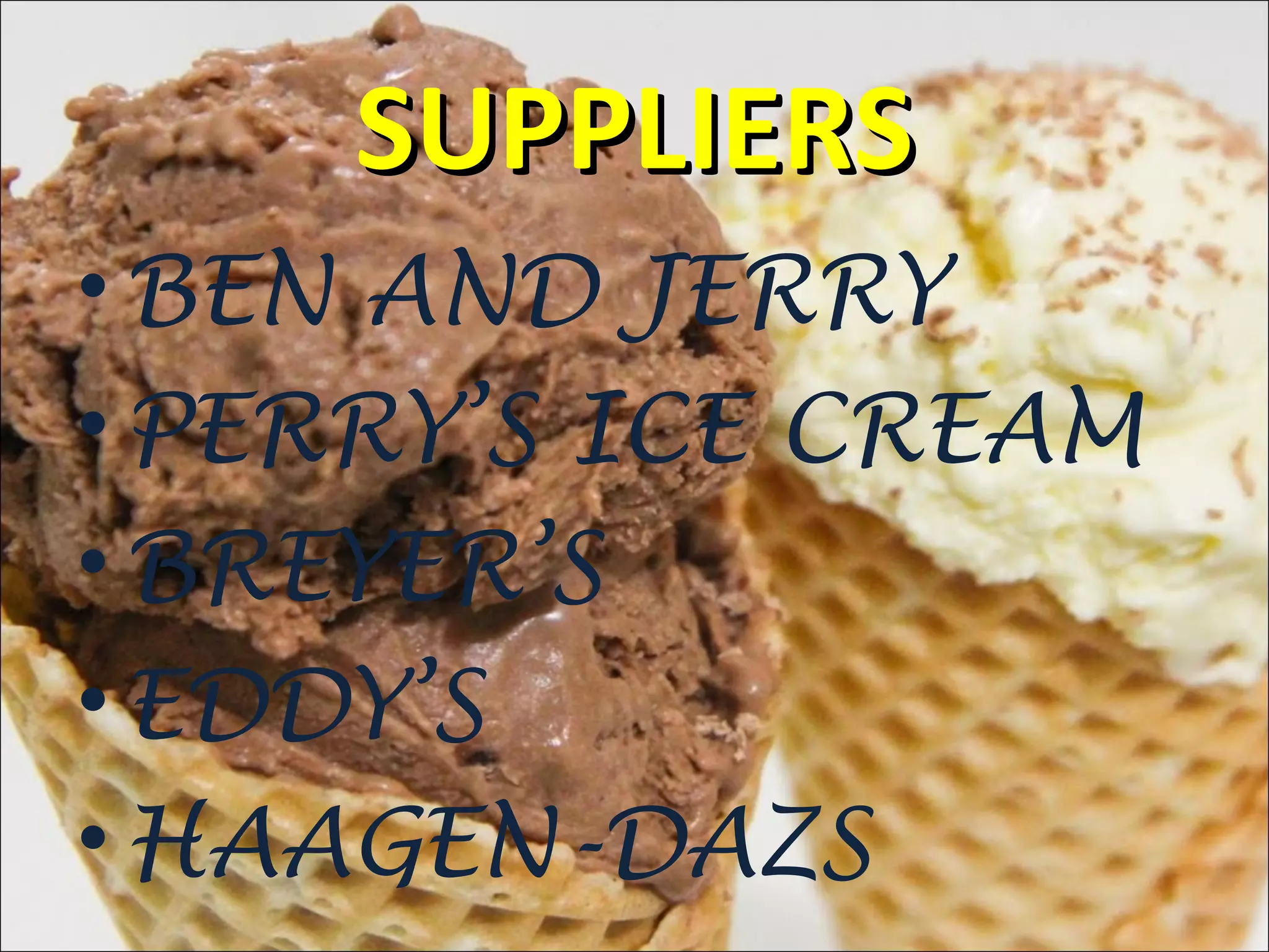 SUPPLIERSSUPPLIERS
•BEN AND JERRY
•PERRY’S ICE CREAM
•BREYER’S
•EDDY’S
•HAAGEN-DAZS
 