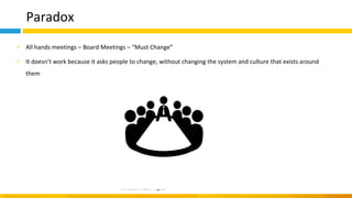 Paradox
✓ All hands meetings – Board Meetings – “Must Change”
✓ It doesn’t work because it asks people to change, without changing the system and culture that exists around
them
 
