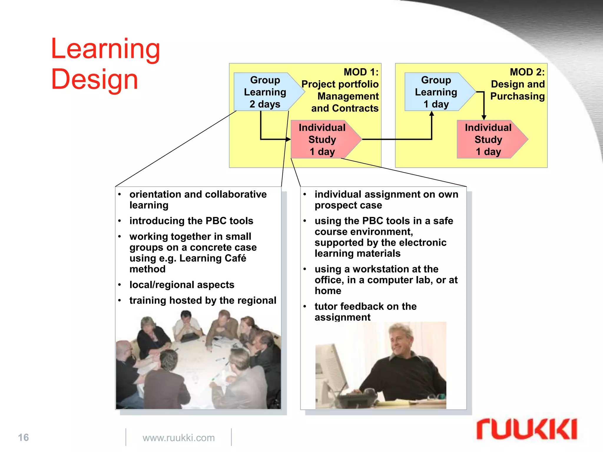 16 www.ruukki.com
Learning
Design MOD 1:
Project portfolio
Management
and Contracts
• orientation and collaborative
learning
• introducing the PBC tools
• working together in small
groups on a concrete case
using e.g. Learning Café
method
• local/regional aspects
• training hosted by the regional
partners
• individual assignment on own
prospect case
• using the PBC tools in a safe
course environment,
supported by the electronic
learning materials
• using a workstation at the
office, in a computer lab, or at
home
• tutor feedback on the
assignment
Group
Learning
2 days
Individual
Study
1 day
MOD 2:
Design and
Purchasing
Group
Learning
1 day
Individual
Study
1 day
 