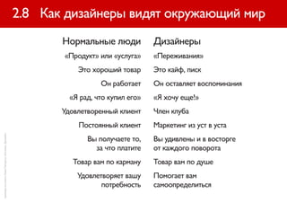 2.8 Как дизайнеры видят окружающий мир
                                                       Нормальные люди            Дизайнеры
                                                       «Продукт» или «услуга»     «Переживания»
                                                           Это хороший товар      Это кайф, писк
                                                                  Он работает     Он оставляет воспоминания
                                                         «Я рад, что купил его»   «Я хочу еще!»
                                                       Удовлетворенный клиент     Член клуба
                                                           Постоянный клиент      Маркетинг из уст в уста
пример из книги Тома Питерса «Основы. Дизайн»




                                                              Вы получаете то,    Вы удивлены и в восторге
                                                                за что платите    от каждого поворота
                                                          Товар вам по карману    Товар вам по душе
                                                           Удовлетворяет вашу     Помогает вам
                                                                  потребность     самоопределиться
 