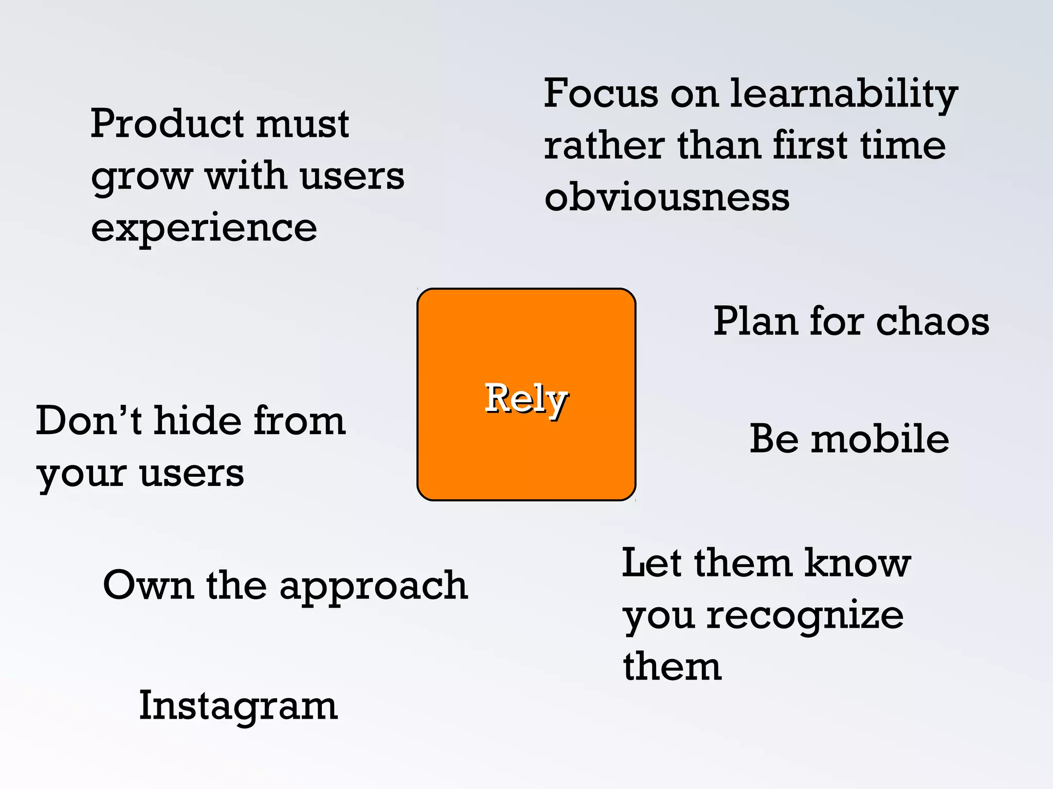 Focus on learnability
rather than first time
obviousness
Own the approach
Don’t hide from
your users
Plan for chaos
Product must
grow with users
experience
Let them know
you recognize
them
RelyRely
Be mobile
Instagram
 