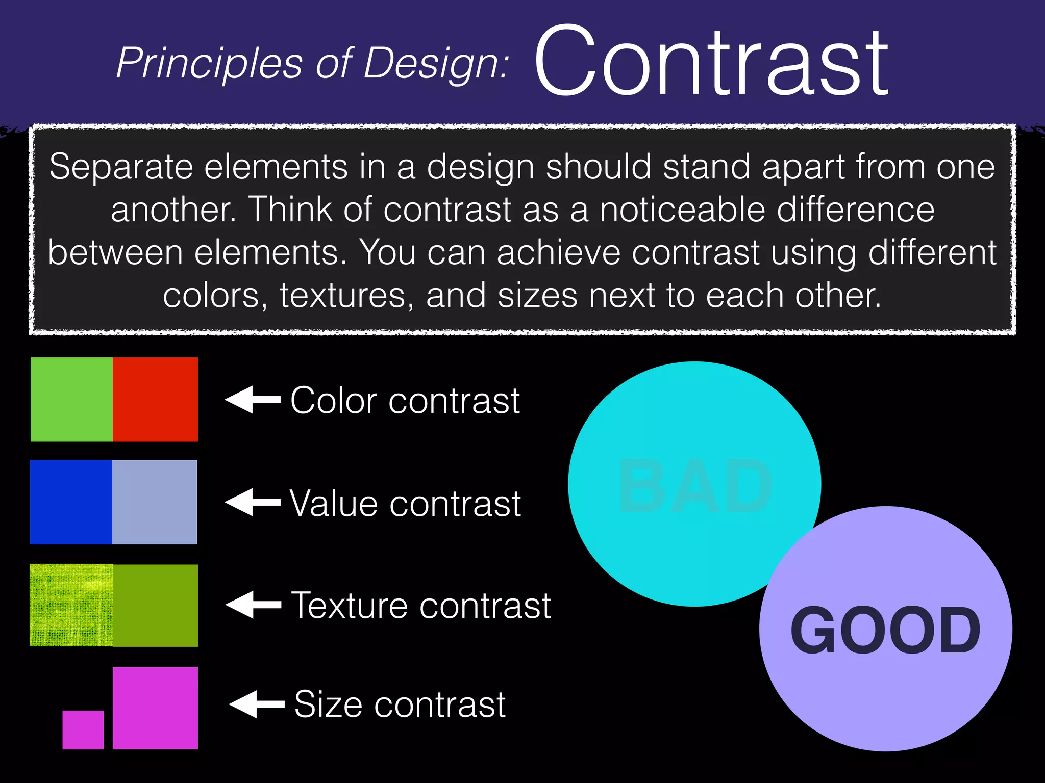 Principles of Design: Contrast
Separate elements in a design should stand apart from one
another. Think of contrast as a noticeable difference
between elements. You can achieve contrast using different
colors, textures, and sizes next to each other.
Color contrast
Value contrast
Texture contrast
Size contrast
BAD
GOOD
 