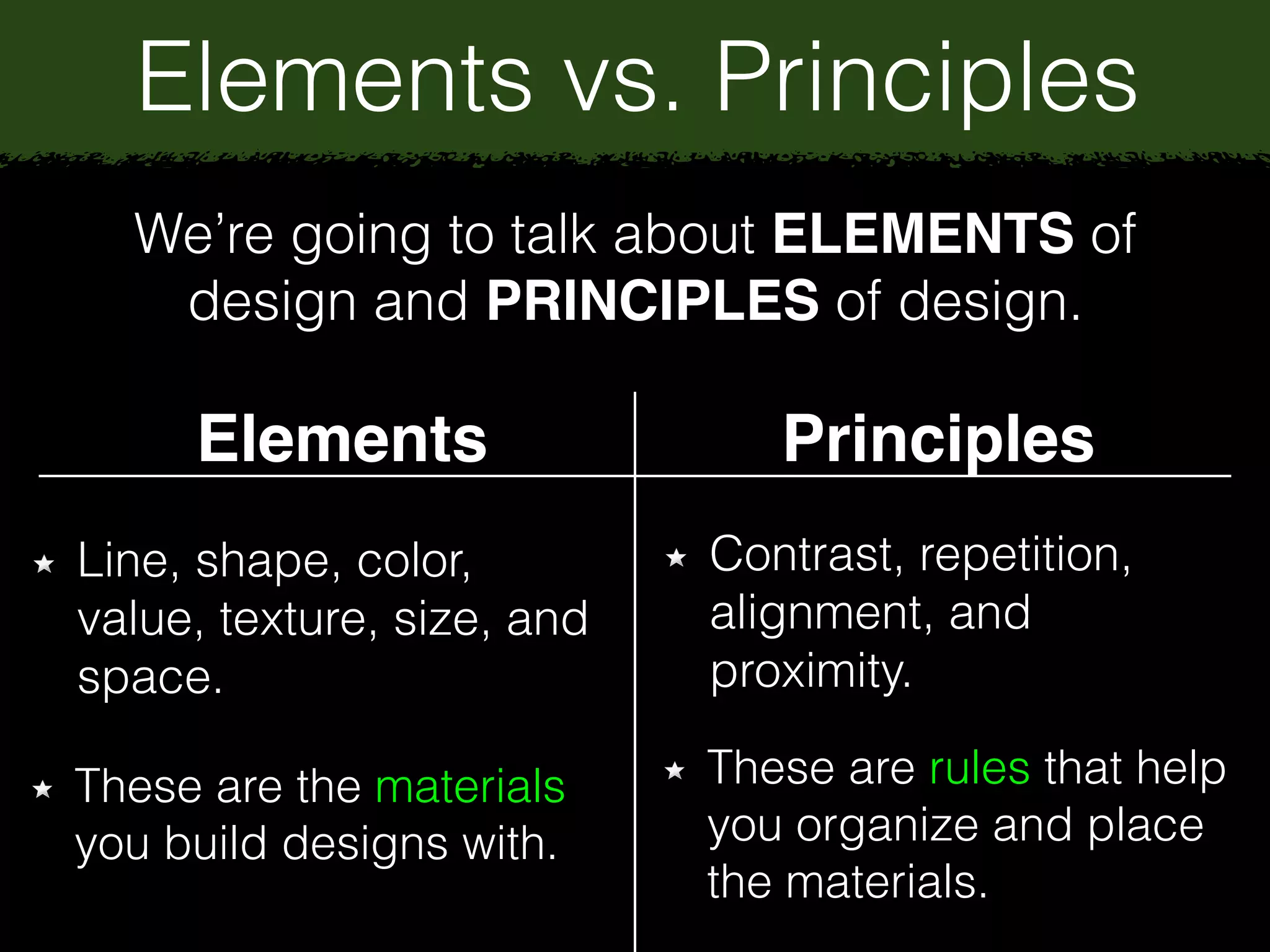 Elements vs. Principles
We’re going to talk about ELEMENTS of
design and PRINCIPLES of design.
Elements Principles
Line, shape, color,
value, texture, size, and
space.
These are the materials
you build designs with.
Contrast, repetition,
alignment, and
proximity.
These are rules that help
you organize and place
the materials.
 