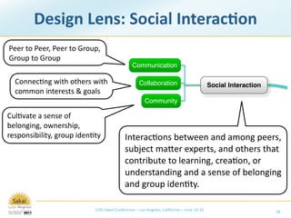 Learning & Teaching
                                     instructional Preparation

        Design Lens: Social Interac+on
                                                                                            Management

                                                  Portfolio Design

                                        Portability of Structure
Peer to Peer, Peer to Group, 
Group to Group
                                               Communication

  Connec/ng with others with                       Collaboration                          Social Interaction
  common interests & goals
                                                      Community

Cul/vate a sense of 
belonging, ownership,                            Finding
responsibility, group iden/ty              Interac/ons between and among peers, 
                                             Authoring
                                           subject mamer experts, and others that 
                                           contribute to learning, crea/on, or 
                                            Managing

                                           understanding and a sense of belonging 
                                            Publishing
                                                           Content Creation & Use

                                           and group iden/ty.
                                        Administering
                                                                                           Diversity
                           12th Sakai Conference – Los Angeles, California – June 14‐16                        18
                                                Reusing
 