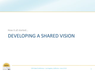 How it all started...

DEVELOPING A SHARED VISION




                        12th Sakai Conference – Los Angeles, California – June 14‐16   3
 