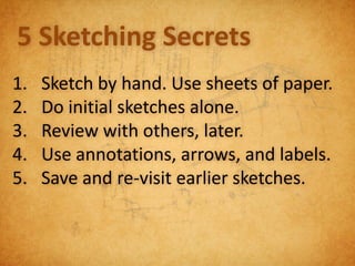 5 Sketching Secrets
1.   Sketch by hand. Use sheets of paper.
2.   Do initial sketches alone.
3.   Review with others, later.
4.   Use annotations, arrows, and labels.
5.   Save and re-visit earlier sketches.
 