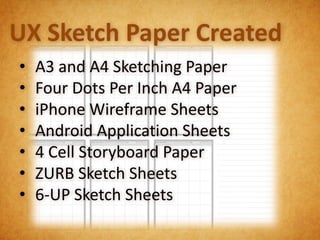 UX Sketch Paper Created
•   A3 and A4 Sketching Paper
•   Four Dots Per Inch A4 Paper
•   iPhone Wireframe Sheets
•   Android Application Sheets
•   4 Cell Storyboard Paper
•   ZURB Sketch Sheets
•   6-UP Sketch Sheets
 