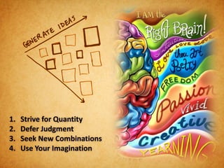 1.   Strive for Quantity
2.   Defer Judgment
3.   Seek New Combinations
4.   Use Your Imagination
 