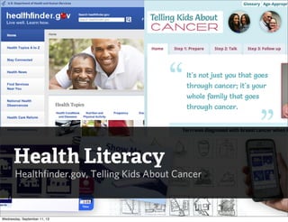 Health Literacy
Healthfinder.gov, Telling Kids About Cancer
Wednesday, September 11, 13
 