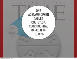 ONE
ACETAMINOPHEN
TABLET
COSTS 1.5¢.
YOUR HOSPITAL
MARKS IT UP
10,000%
Wednesday, September 11, 13
 