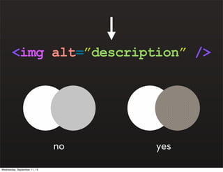 <img alt=”description” />
no yes
Wednesday, September 11, 13
 