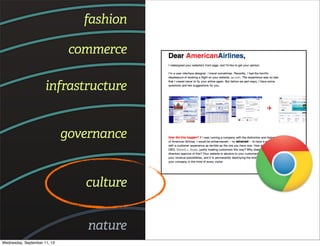fashion
commerce
infrastructure
governance
culture
nature
Wednesday, September 11, 13
 