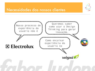 Necessidades dos nossos clientes


                              Queremos saber
     Nosso processo de      como usar o Design
       experiência do      Thinking para gerar
        usuário não é            inovação.


                          Como encaixar
                         experiência do
                            usuário no
 