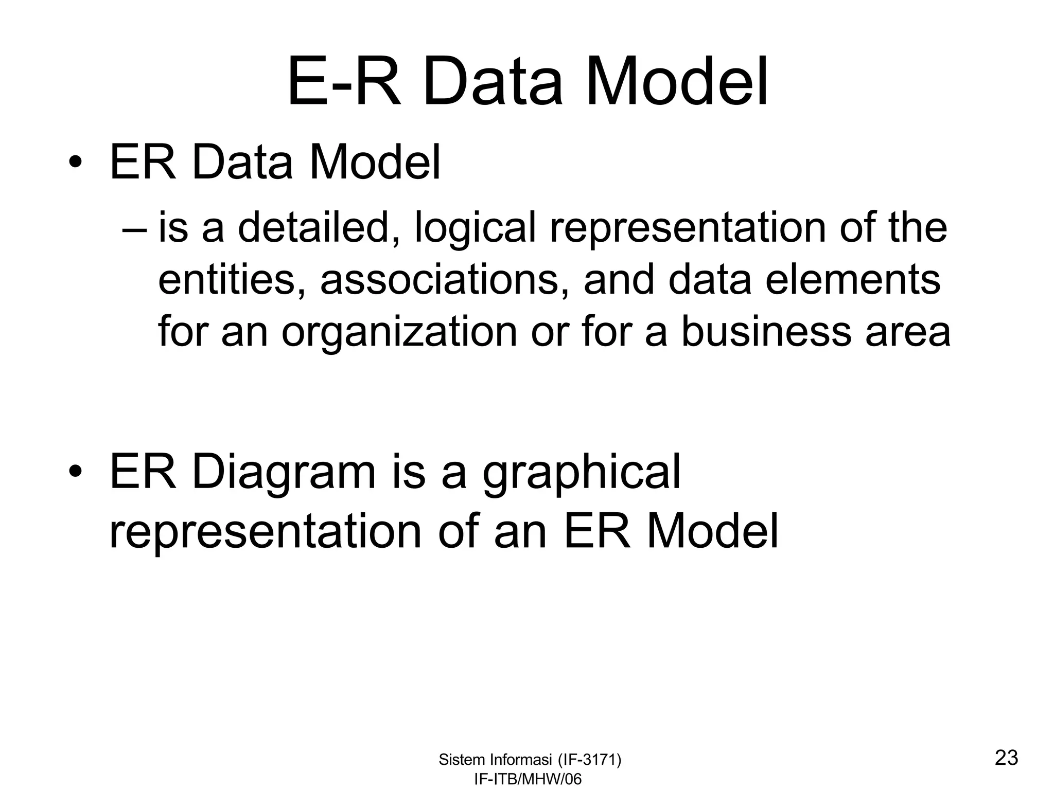 Sistem Informasi (IF-3171)
IF-ITB/MHW/06
23
E-R Data Model
• ER Data Model
– is a detailed, logical representation of the
entities, associations, and data elements
for an organization or for a business area
• ER Diagram is a graphical
representation of an ER Model
 
