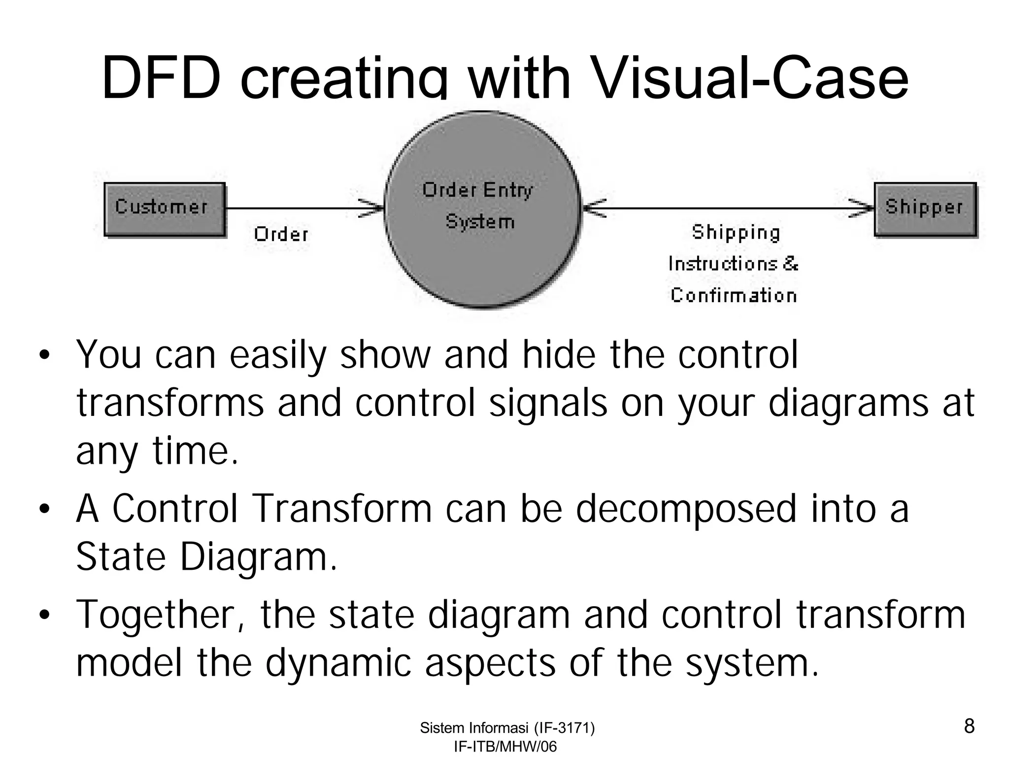 Sistem Informasi (IF-3171)
IF-ITB/MHW/06
8
DFD creating with Visual-Case
• You can easily show and hide the control
transforms and control signals on your diagrams at
any time.
• A Control Transform can be decomposed into a
State Diagram.
• Together, the state diagram and control transform
model the dynamic aspects of the system.
 