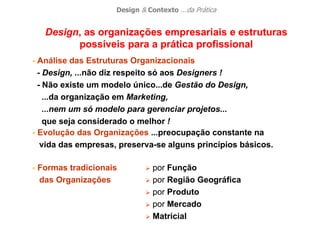 Design & Contexto ...da Prática
Design
Design, as
, as organizações
organizações empresariais
empresariais e
e estruturas
estruturas
possíveis
possíveis para
para a
a prática
prática profissional
profissional
 Análise das Estruturas Organizacionais
- Design, ...não diz respeito só aos Designers !
- Design, ...não diz respeito só aos Designers !
- Não existe um modelo único...de Gestão do Design,
...da organização em Marketing,
...nem um só modelo para gerenciar projetos...
que seja considerado o melhor !
 Evolução das Organizações ...preocupação constante na
vida das empresas, preserva-se alguns princípios básicos.
 Formas tradicionais
das Organizações
 por Função
 por Região Geográfica
 por Produto
 por Mercado
 Matricial
 