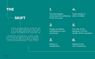 THE
Design is the
new marketing
The role of the
designer is at the
center of the company
Great design is
often invisible
D...