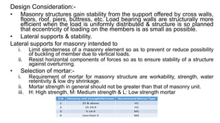 Design Consideration:-
• Masonry structures gain stability from the support offered by cross walls,
floors, roof, piers, buttress, etc. Load bearing walls are structurally more
efficient when the load is uniformly distributed & structure is so planned
that eccentricity of loading on the members is as small as possible.
• Lateral supports & stability.
Lateral supports for masonry intended to
i. Limit slenderness of a masonry element so as to prevent or reduce possibility
of buckling of member due to vertical loads.
ii. Resist horizontal components of forces so as to ensure stability of a structure
against overturning.
• Selection of mortar:-
i. Requirement of mortar for masonry structure are workability, strength, water
retentivity & low dry shrinkage.
ii. Mortar strength in general should not be greater than that of masonry unit.
iii. H: High strength, M: Medium strength & L: Low strength mortar
 