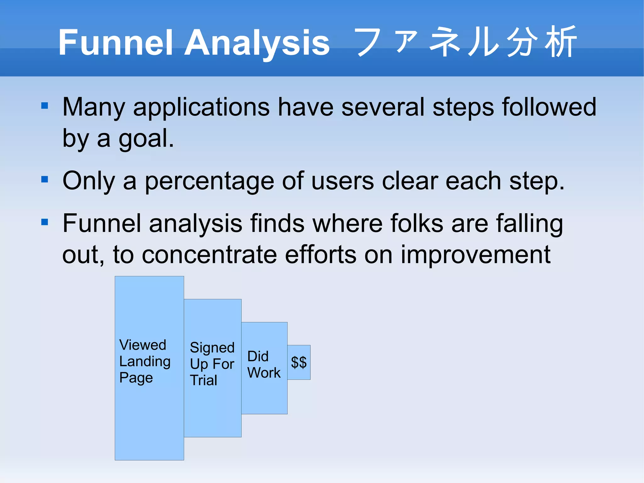 Funnel Analysis ファネル分析 Many applications have several steps followed by a goal. Only a percentage of users clear each step. Funnel analysis finds where folks are falling out, to concentrate efforts on improvement Viewed Landing Page Signed Up For Trial Did Work $$ 