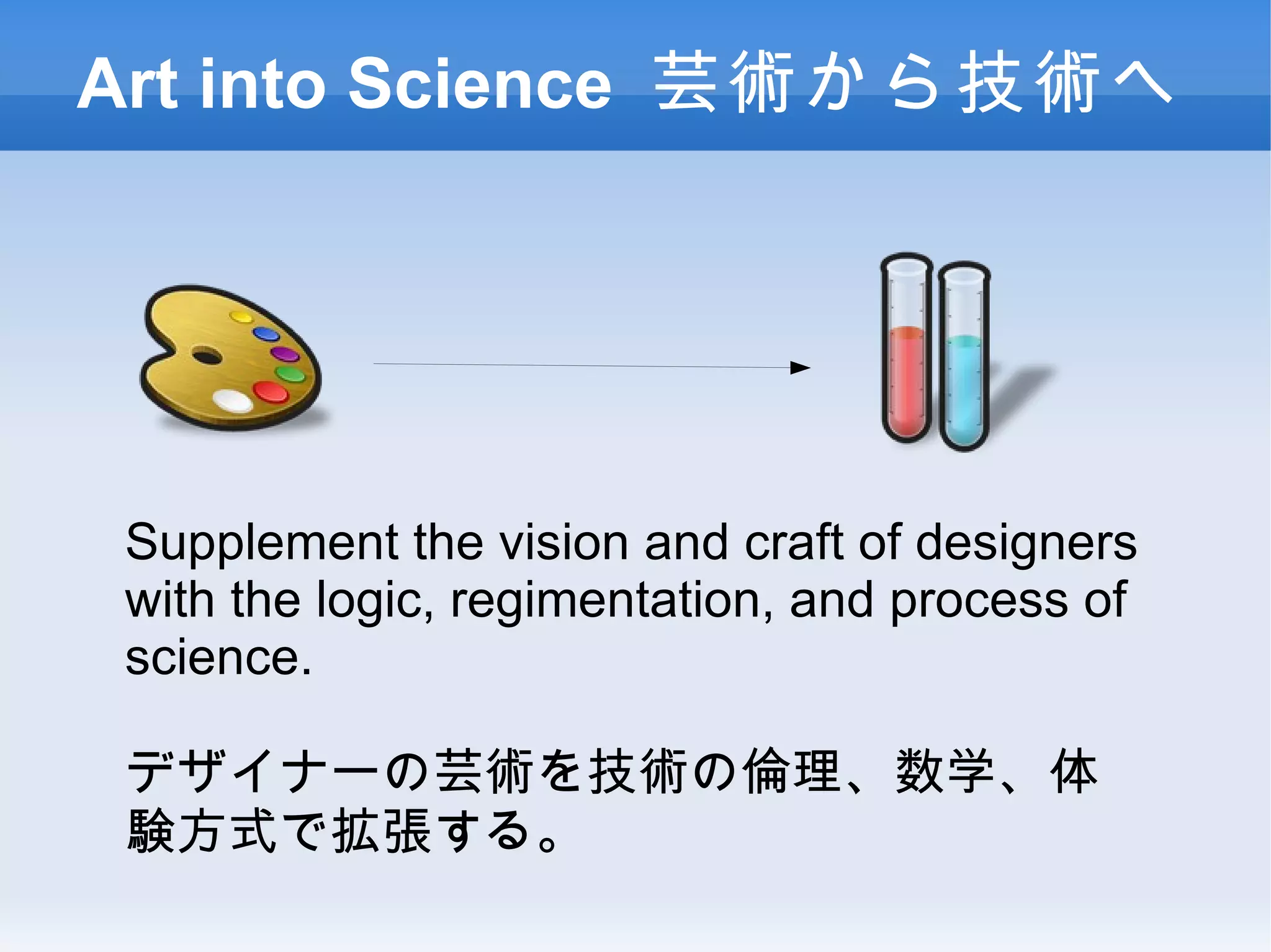 Art into Science 芸術から技術へ Supplement the vision and craft of designers with the logic, regimentation, and process of science. デザイナーの芸術を技術の倫理、数学、体験方式で拡張する。 