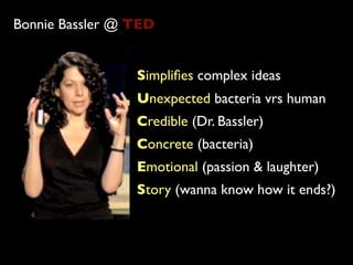 Bonnie Bassler @ TED


                 Simpliﬁes complex ideas
                 Unexpected bacteria vrs human
                 Credible (Dr. Bassler)
                 Concrete (bacteria)
                 Emotional (passion & laughter)
                 Story (wanna know how it ends?)
 