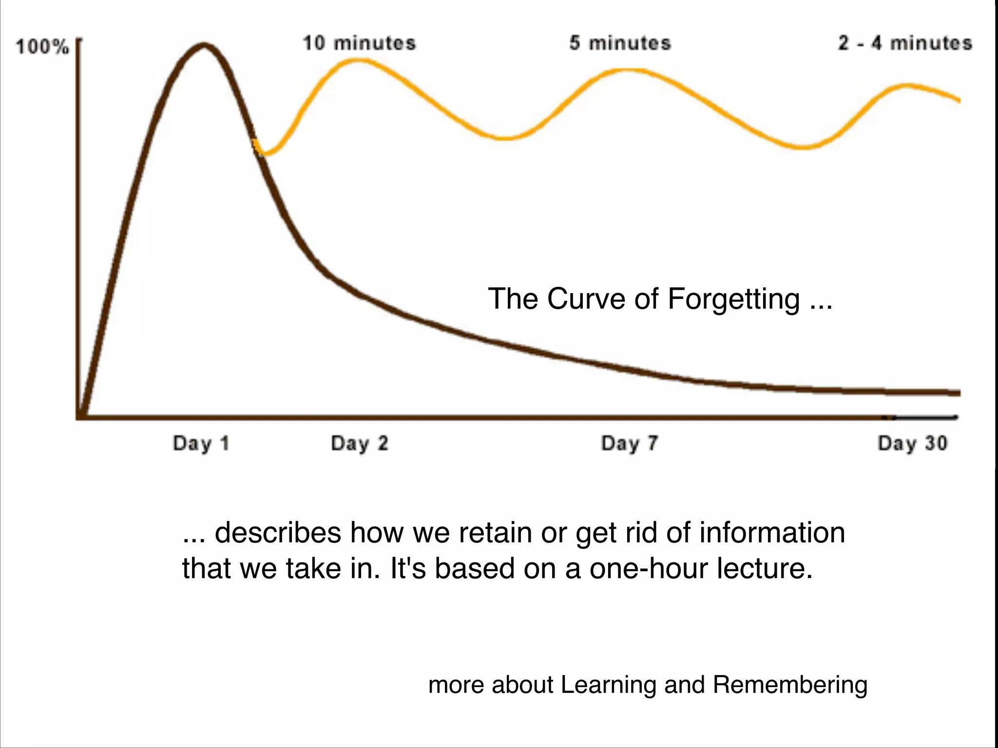 The Curve of Forgetting ...




... describes how we retain or get rid of information
that we take in. It's based on a one-hour lecture.


                   more about Learning and Remembering
 