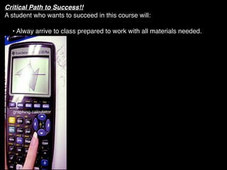 Critical Path to Success!!
A student who wants to succeed in this course will:

  • Alway arrive to class prepared to work with all materials needed.




  graphing calculator
 