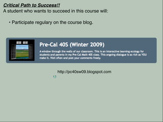 Critical Path to Success!!
A student who wants to succeed in this course will:

  • Participate regulary on the course blog.




                          http://pc40sw09.blogspot.com
 