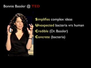 Bonnie Bassler @ TED


                 Simpliﬁes complex ideas
                 Unexpected bacteria vrs human
                 Credible (Dr. Bassler)
                 Concrete (bacteria)
 
