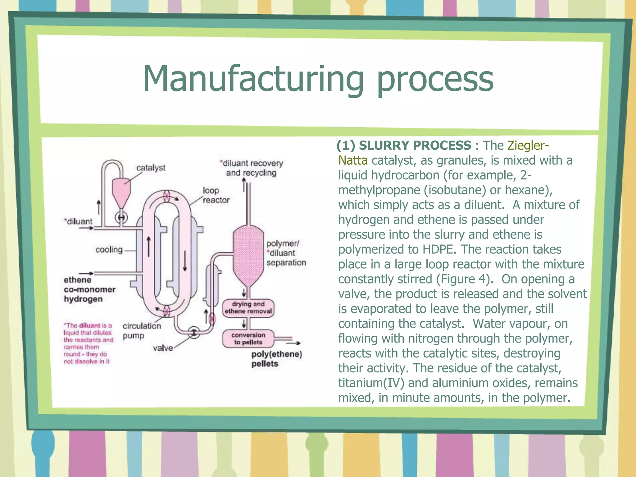 Manufacturing process
(1) SLURRY PROCESS : The Ziegler-
Natta catalyst, as granules, is mixed with a
liquid hydrocarbon (for example, 2-
methylpropane (isobutane) or hexane),
which simply acts as a diluent. A mixture of
hydrogen and ethene is passed under
pressure into the slurry and ethene is
polymerized to HDPE. The reaction takes
place in a large loop reactor with the mixture
constantly stirred (Figure 4). On opening a
valve, the product is released and the solvent
is evaporated to leave the polymer, still
containing the catalyst. Water vapour, on
flowing with nitrogen through the polymer,
reacts with the catalytic sites, destroying
their activity. The residue of the catalyst,
titanium(IV) and aluminium oxides, remains
mixed, in minute amounts, in the polymer.
 