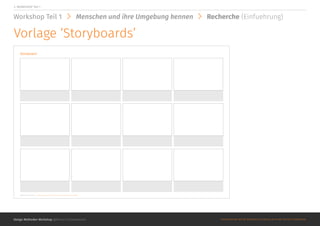 Design Methoden Workshop @Roman Schoeneboom ©MATERIALS MAY NOT BE REPRODUCED IN WHOLE OR IN PART WITHOUT PERMISSION.
2. WORKSHOP Teil 1
Workshop Teil 1 Menschen und ihre Umgebung kennen Recherche (Einfuehrung)
Vorlage ‘Storyboards’
@Roman Schoeneboom ©MATERIALS MAY NOT BE REPRODUCED IN WHOLE OR IN PART WITHOUT PERMISSION.
Storyboard
 