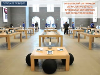 NAS MESAS HÁ UM IPAD COM
UM APLICATIVO SÓ PARA
APRESENTAR OS RECURSOS
DOS PRODUTOS EXIBIDOS.
DESIGN DE SERVIÇOS
 