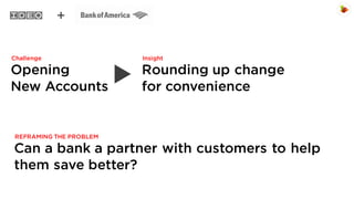 Challenge

Insight

Opening
New Accounts

Rounding up change
for convenience

REFRAMING THE PROBLEM

Can a bank a partner with customers to help
them save better?

 