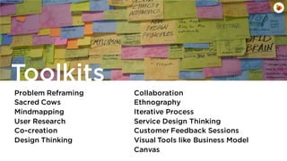 Toolkits
Problem Reframing
Sacred Cows
Mindmapping
User Research
Co-creation
Design Thinking

Collaboration
Ethnography
Iterative Process
Service Design Thinking
Customer Feedback Sessions
Visual Tools like Business Model
Canvas

 