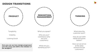 DESIGN TRANSITIONS

PRODUCT

PERCEPTION
MANAGEMENT

Tangibility

What you speak?

Visibility

Who are you?
(and hence who
are your
customers)

Looking Good

Here you can see how design progressed
over the years and shift in the mindset of
the designer?

What are you
standing up for?

THINKING

What does the
customer want?
How do we fulfill
needs and wants
better?
How can we arrive
at the ideal
solution for the
customers?

 
