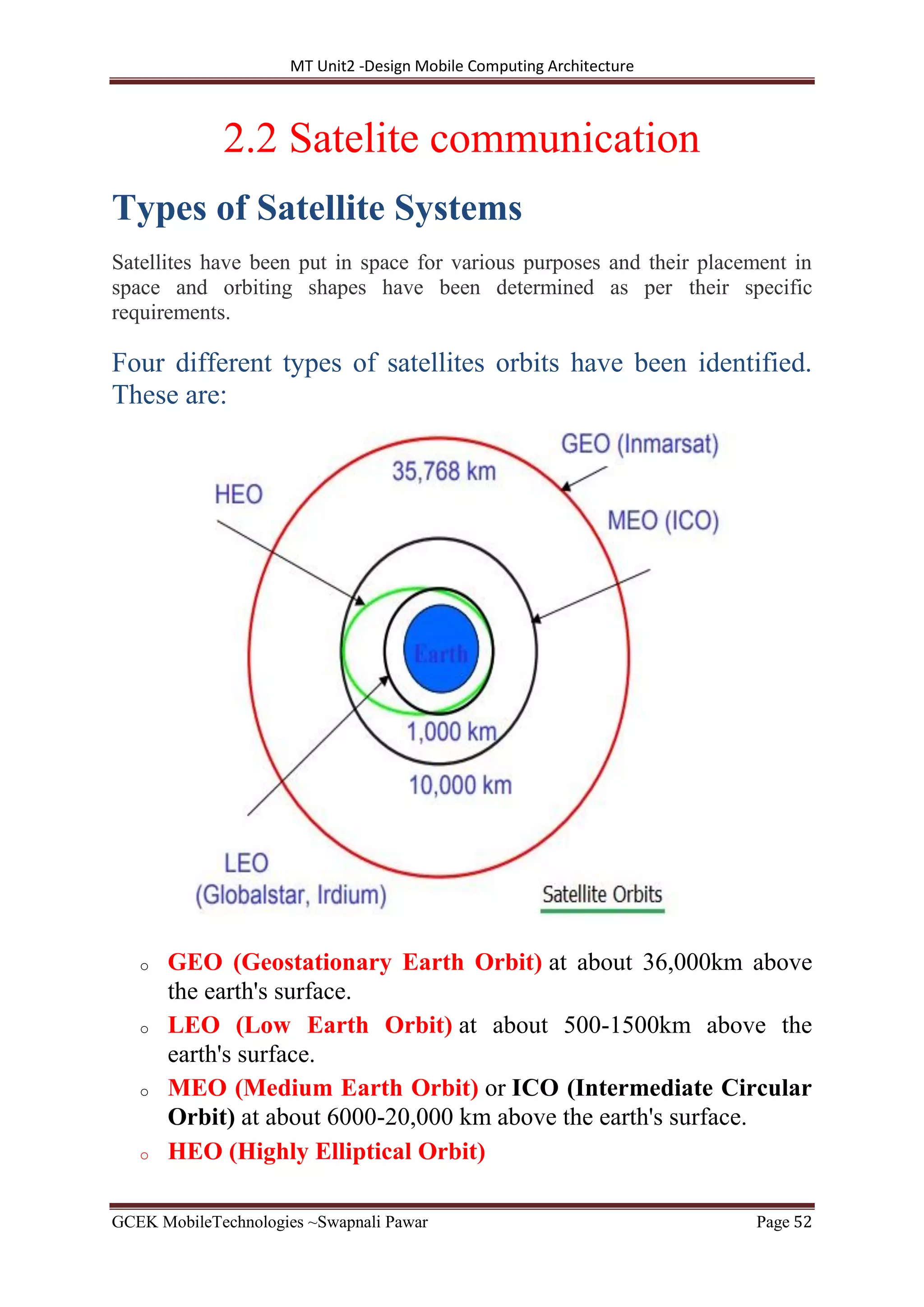 MT Unit2 -Design Mobile Computing Architecture
GCEK MobileTechnologies ~Swapnali Pawar Page 52
2.2 Satelite communication
Types of Satellite Systems
Satellites have been put in space for various purposes and their placement in
space and orbiting shapes have been determined as per their specific
requirements.
Four different types of satellites orbits have been identified.
These are:
o GEO (Geostationary Earth Orbit) at about 36,000km above
the earth's surface.
o LEO (Low Earth Orbit) at about 500-1500km above the
earth's surface.
o MEO (Medium Earth Orbit) or ICO (Intermediate Circular
Orbit) at about 6000-20,000 km above the earth's surface.
o HEO (Highly Elliptical Orbit)
 