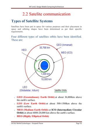 MT Unit2 -Design Mobile Computing Architecture
GCEK MobileTechnologies ~Swapnali Pawar Page 52
2.2 Satelite communication
Types of Satellite Systems
Satellites have been put in space for various purposes and their placement in
space and orbiting shapes have been determined as per their specific
requirements.
Four different types of satellites orbits have been identified.
These are:
o GEO (Geostationary Earth Orbit) at about 36,000km above
the earth's surface.
o LEO (Low Earth Orbit) at about 500-1500km above the
earth's surface.
o MEO (Medium Earth Orbit) or ICO (Intermediate Circular
Orbit) at about 6000-20,000 km above the earth's surface.
o HEO (Highly Elliptical Orbit)
 