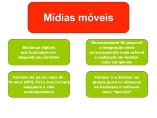 Mídias móveis Sistemas digitais que funcionam em  dispositivos portáteis Existem há pouco mais de  10 anos (GPS, TV) e tem formato adequado à vida contemporânea Recentemente foi possível a integração entre processamento mais estável e realização de tarefas  mais complexas Tendem a substituir em grande parte os sistemas de hardware e software mais “imóveis” 