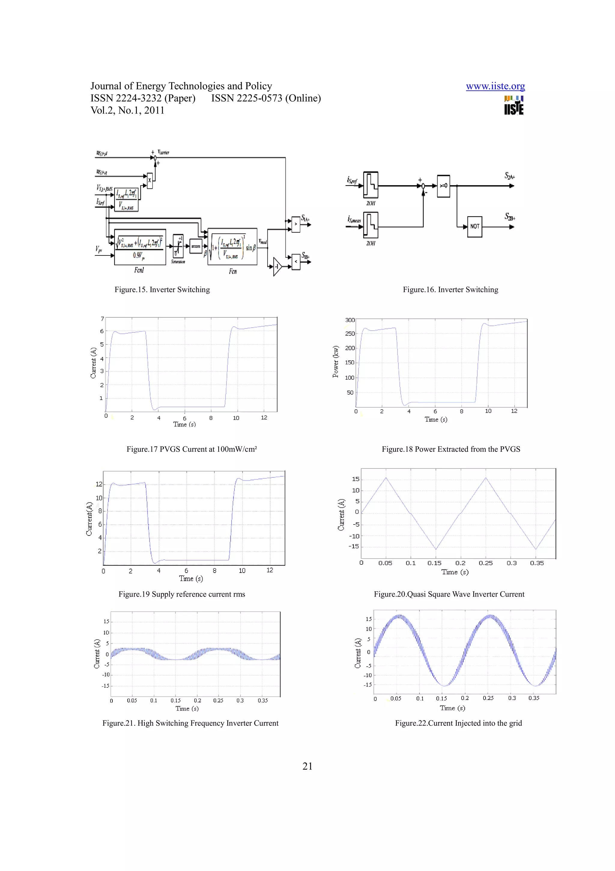 Journal of Energy Technologies and Policy                                                 www.iiste.org
ISSN 2224-3232 (Paper) ISSN 2225-0573 (Online)
Vol.2, No.1, 2011




     Figure.15. Inverter Switching                                    Figure.16. Inverter Switching




         Figure.17 PVGS Current at 100mW/cm²                    Figure.18 Power Extracted from the PVGS




      Figure.19 Supply reference current rms                  Figure.20.Quasi Square Wave Inverter Current




  Figure.21. High Switching Frequency Inverter Current              Figure.22.Current Injected into the grid




                                                         21
 