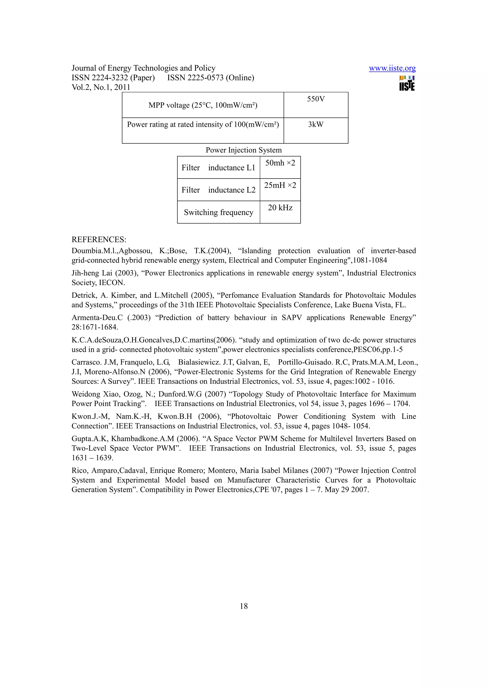Journal of Energy Technologies and Policy                                                www.iiste.org
ISSN 2224-3232 (Paper) ISSN 2225-0573 (Online)
Vol.2, No.1, 2011
                                                                       550V
                       MPP voltage (25°C, 100mW/cm²)

                Power rating at rated intensity of 100(mW/cm²)         3kW


                                        Power Injection System
                                                          50mh ×2
                                 Filter inductance L1

                                                          25mH ×2
                                 Filter inductance L2

                                                           20 kHz
                                 Switching frequency


REFERENCES:
Doumbia.M.l.,Agbossou, K.;Bose, T.K.(2004), “Islanding protection evaluation of inverter-based
grid-connected hybrid renewable energy system, Electrical and Computer Engineering",1081-1084
Jih-heng Lai (2003), “Power Electronics applications in renewable energy system”, Industrial Electronics
Society, IECON.
Detrick, A. Kimber, and L.Mitchell (2005), “Perfomance Evaluation Standards for Photovoltaic Modules
and Systems,” proceedings of the 31th IEEE Photovoltaic Specialists Conference, Lake Buena Vista, FL.
Armenta-Deu.C (.2003) “Prediction of battery behaviour in SAPV applications Renewable Energy”
28:1671-1684.
K.C.A.deSouza,O.H.Goncalves,D.C.martins(2006). “study and optimization of two dc-dc power structures
used in a grid- connected photovoltaic system”,power electronics specialists conference,PESC06,pp.1-5
Carrasco. J.M, Franquelo, L.G, Bialasiewicz. J.T, Galvan, E, Portillo-Guisado. R.C, Prats.M.A.M, Leon.,
J.I, Moreno-Alfonso.N (2006), “Power-Electronic Systems for the Grid Integration of Renewable Energy
Sources: A Survey”. IEEE Transactions on Industrial Electronics, vol. 53, issue 4, pages:1002 - 1016.
Weidong Xiao, Ozog, N.; Dunford.W.G (2007) “Topology Study of Photovoltaic Interface for Maximum
Power Point Tracking”. IEEE Transactions on Industrial Electronics, vol 54, issue 3, pages 1696 – 1704.
Kwon.J.-M, Nam.K.-H, Kwon.B.H (2006), “Photovoltaic Power Conditioning System with Line
Connection”. IEEE Transactions on Industrial Electronics, vol. 53, issue 4, pages 1048- 1054.
Gupta.A.K, Khambadkone.A.M (2006). “A Space Vector PWM Scheme for Multilevel Inverters Based on
Two-Level Space Vector PWM”. IEEE Transactions on Industrial Electronics, vol. 53, issue 5, pages
1631 – 1639.
Rico, Amparo,Cadaval, Enrique Romero; Montero, Maria Isabel Milanes (2007) “Power Injection Control
System and Experimental Model based on Manufacturer Characteristic Curves for a Photovoltaic
Generation System”. Compatibility in Power Electronics,CPE '07, pages 1 – 7. May 29 2007.




                                                  18
 