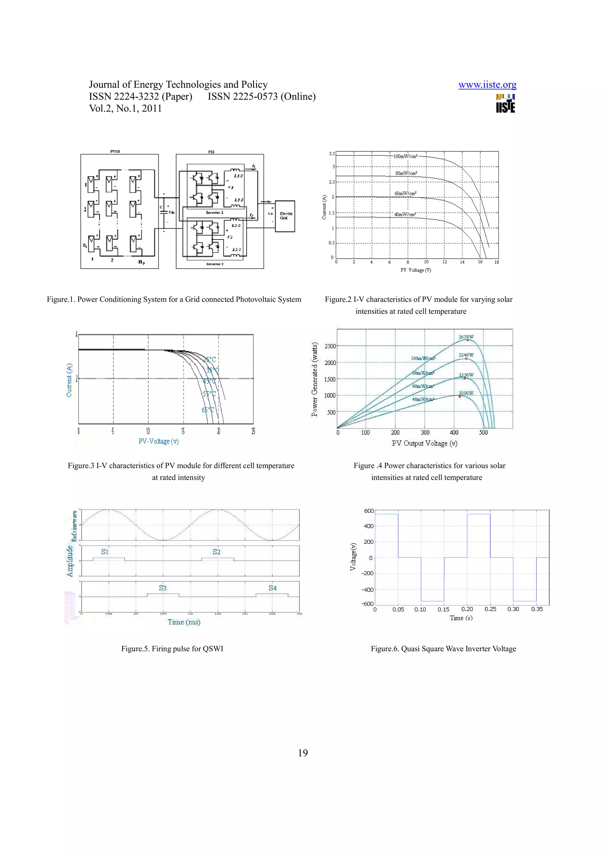 Journal of Energy Technologies and Policy                                                                            www.iiste.org
            ISSN 2224-3232 (Paper) ISSN 2225-0573 (Online)
            Vol.2, No.1, 2011




Figure.1. Power Conditioning System for a Grid connected Photovoltaic System          Figure.2 I-V characteristics of PV module for varying solar
                                                                                               intensities at rated cell temperature




      Figure.3 I-V characteristics of PV module for different cell temperature                 Figure .4 Power characteristics for various solar
                                 at rated intensity                                                 intensities at rated cell temperature




                      Figure.5. Firing pulse for QSWI                                               Figure.6. Quasi Square Wave Inverter Voltage




                                                                                 19
 