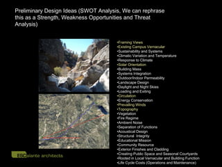 Preliminary Design Ideas (SWOT Analysis, We can rephrase
this as a Strength, Weakness Opportunities and Threat
Analysis)


                                      •Framing Views
                                      •Existing Campus Vernacular
                                      •Sustainability and Systems
                                      •Climatic Variation and Temperature
                                      •Response to Climate
                                      •Solar Orientation
                                      •Building Mass
                                      •Systems Integration
                                      •Outdoor/Indoor Permeability
                                      •Landscape Design
                                      •Daylight and Night Skies
                                      •Loading and Exiting
                                      •Circulation
                                      •Energy Conservation
                                      •Prevailing Winds
                                      •Topography
                                      •Vegetation
                                      •Fire Regime
                                      •Ambient Noise
                                      •Separation of Functions
                                      •Acoustical Design
                                      •Structural Integrity
                                      •Educational Mission
                                      •Community Resource
                                      •Exterior Finishes and Cladding
                                      •Creating Public Space and Seasonal Courtyards
                                      •Rooted in Local Vernacular and Building Function
                                      •Life Cycle Costs (Operations and Maintenance)
 