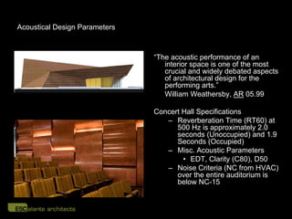 Acoustical Design Parameters



                               “The acoustic performance of an
                                  interior space is one of the most
                                  crucial and widely debated aspects
                                  of architectural design for the
                                  performing arts.”
                                  William Weathersby, AR 05.99

                               Concert Hall Specifications
                                  – Reverberation Time (RT60) at
                                     500 Hz is approximately 2.0
                                     seconds (Unoccupied) and 1.9
                                     Seconds (Occupied)
                                  – Misc. Acoustic Parameters
                                       • EDT, Clarity (C80), D50
                                  – Noise Criteria (NC from HVAC)
                                     over the entire auditorium is
                                     below NC-15
 