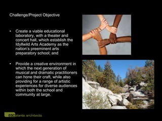 Challenge/Project Objective



•   Create a viable educational
    laboratory, with a theater and
    concert hall, which establish the
    Idyllwild Arts Academy as the
    nation’s preeminent arts
    preparatory school; and

•   Provide a creative environment in
    which the next generation of
    musical and dramatic practitioners
    can hone their craft, while also
    providing for a range of artistic
    experiences for diverse audiences
    within both the school and
    community at large.
 