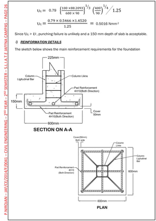 c = {
100 ×88.2093
600 × 90
}
1
3⁄
(
400
90
)
1
4⁄
1.25
c =
0.79 × 0.5466 ×1.4520
1.25
= 0.5016 Nmm-2
Since c >  , punching failure is unlikely and a 150 mm depth of slab is acceptable.
i) REINFORMATION DETAILS
The sketch below shows the main reinforcement requirements for the foundation
0.79
P.NIROJAN–JAF/CE/2014/F/0041–CIVILENGINEERING–2NDYEAR–2NDSEMISTER–S.L.I.A.T.EJAFFNACAMPAS–PAGE:26
 