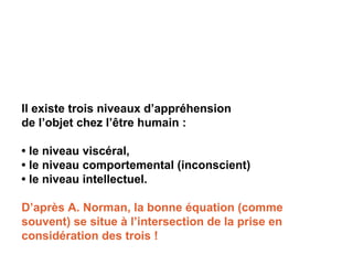 Il existe trois niveaux d’appréhension
de l’objet chez l’être humain :
• le niveau viscéral,
• le niveau comportemental (inconscient)
• le niveau intellectuel.
D’après A. Norman, la bonne équation (comme
souvent) se situe à l’intersection de la prise en
considération des trois !
 
