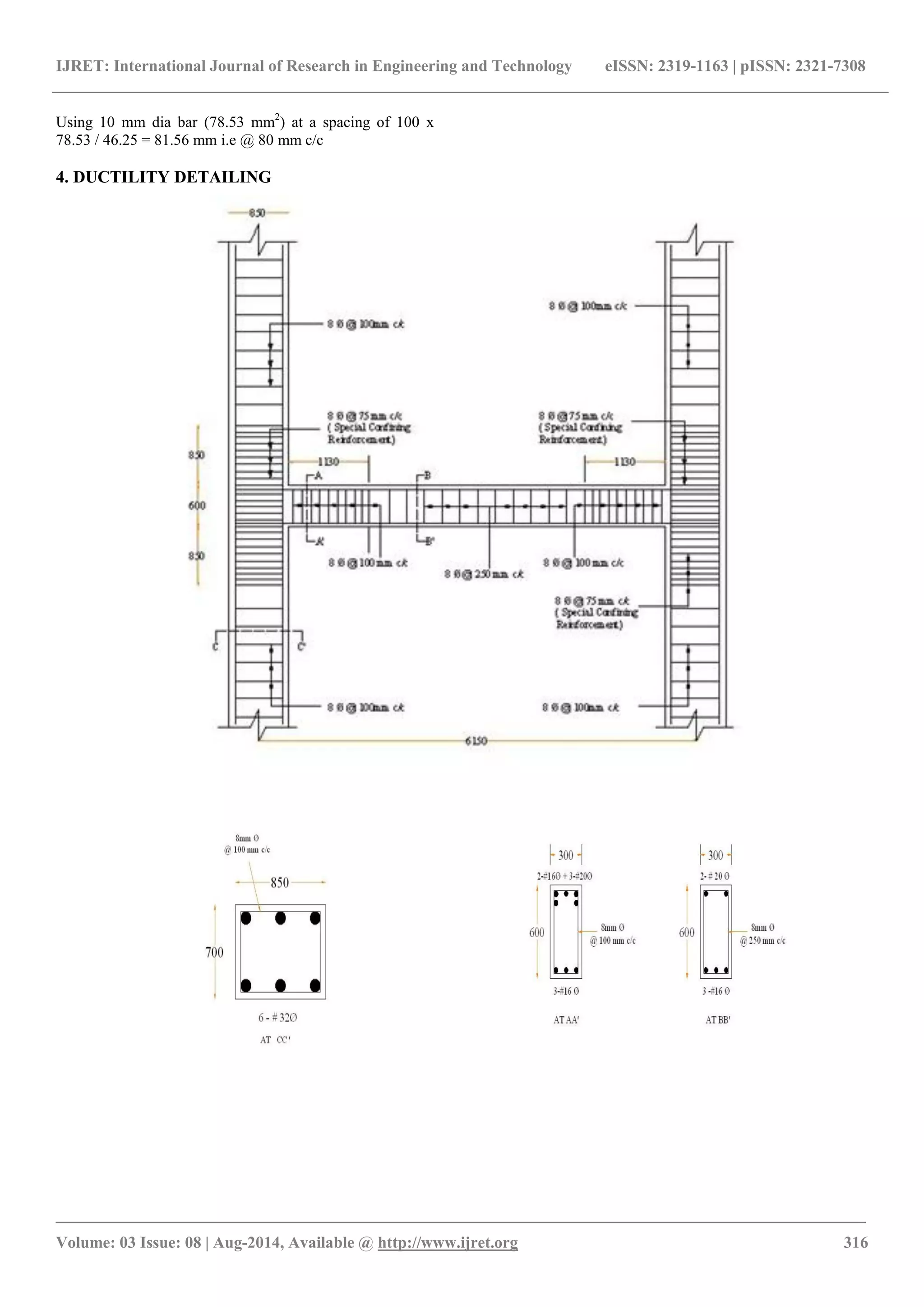 IJRET: International Journal of Research in Engineering and Technology eISSN: 2319-1163 | pISSN: 2321-7308 
_______________________________________________________________________________________ 
Volume: 03 Issue: 08 | Aug-2014, Available @ http://www.ijret.org 316 
Using 10 mm dia bar (78.53 mm2) at a spacing of 100 x 78.53 / 46.25 = 81.56 mm i.e @ 80 mm c/c 
4. DUCTILITY DETAILING 
 